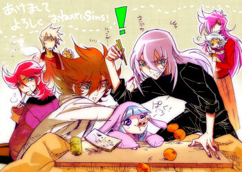 ! 3boys 4girls akira-riku akoes alternate_costume animal_hood black_pants black_shirt blonde_hair blue_eyes brown_hair casshern casshern_(series) casshern_sins chopsticks clenched_teeth closed_mouth commentary_request contemporary dio_(casshern_sins) eating food fruit grey_hair hair_between_eyes hair_over_one_eye haori holding holding_chopsticks hood hood_down hoodie jacket japanese_clothes kotatsu leda_(casshern_sins) long_bangs long_hair long_sleeves looking_at_another luna_(casshern_sins) lyuze mandarin_orange multiple_boys multiple_girls open_mouth pants pink_eyes pink_hair pink_jacket rabbit_hood red_shirt ringo_(casshern_sins) scar scar_across_eye scar_on_face shaded_face shirt short_hair table teeth translation_request upper_body very_long_hair white_hoodie zouni_soup