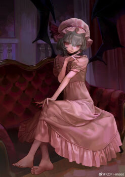 1girl absurdres barefoot bat_wings blue_hair chinese_commentary closed_mouth commentary couch dress fingernails full_body hat hat_ribbon highres indoors kofi-mo looking_at_viewer mob_cap pink_dress pink_hat puffy_short_sleeves puffy_sleeves red_eyes red_nails red_ribbon remilia_scarlet ribbon sharp_fingernails short_hair short_sleeves sitting slit_pupils solo touhou watermark weibo_watermark wings