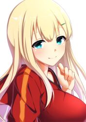 Rule 34 | 1girl, aqua eyes, betterthanbone2, blonde hair, blush, breasts, closed mouth, fingernails, hair between eyes, hair ornament, hairclip, highres, hood, hood down, jacket, large breasts, long hair, looking at viewer, red jacket, red track suit, senran kagura, senran kagura new link, senran kagura shoujo-tachi no shin&#039;ei, simple background, smile, solo, track jacket, track suit, yomi (senran kagura)