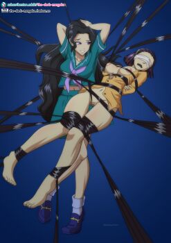 2girls barefoot bdsm black_hair blindfold blue_background bondage bottomless bound breasts breasts_out censored diamond_wa_kudakenai feet gag grin hair_bondage higashikata_tomoko improvised_gag jojo_no_kimyou_na_bouken large_breasts long_hair love_deluxe mature_female midriff mosaic_censoring multiple_girls navel nipple_bondage nipples purple_eyes school_uniform shoes short_hair simple_background smile tape tape_gag the_dark_mangaka toes very_long_hair yamagishi_yukako yuri