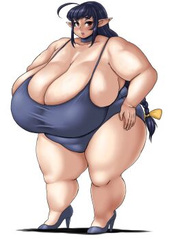 1girl ahoge astraea13 blue_choker blue_hair blue_one-piece_swimsuit blue_shoes blush bow braid breasts choker cleavage fat fat_woman gigantic_breasts hair_bow hands_on_own_hips high_heels lips long_hair one-piece_swimsuit open_mouth original pointy_ears red_eyes shoes skindentation solo standing swimsuit thick_arms thick_thighs thighs white_background yellow_bow