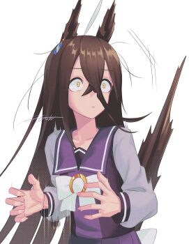 1girl a4_(a4_eishi) absurdres ahoge animal_ears black_hair breasts closed_mouth collarbone commentary_request hair_between_eyes hair_ornament highres horse_ears horse_girl horse_tail looking_at_viewer manhattan_cafe_(umamusume) ribbon school_uniform small_breasts solo tail tracen_school_uniform umamusume wide-eyed yellow_eyes