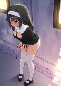 1boy bar_censor black_hair black_shoes censored closed_mouth clothes_lift commentary_request cross crossdressing crossdressing_(mtf) dress dress_lift erection foreskin long_sleeves male_focus no_panties nun nun_headdress original outdoors phimosis pigeon-toed pleated_dress pointless_censoring puffy_long_sleeves puffy_sleeves purple_eyes shoes solo standing testicles thighhighs trap wachiwo white_thighhighs
