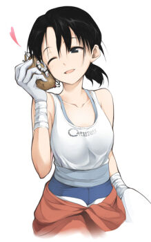 1girl aperture_science_handheld_portal_device bad_id bad_pixiv_id bandaged_arm bandages bare_shoulders black_eyes black_hair chell female_focus food glados gloves heart jumpsuit long_hair one_eye_closed orange_jumpsuit ponytail portal portal_(series) portal_1 portal_2 potato smile solo spoilers taka_yanagi tank_top valve wink yuri