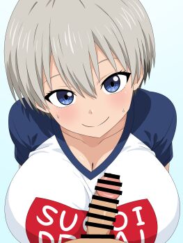 1boy 1girl absurdres bar_censor blue_background blue_eyes blue_shirt blush breasts censored cleavage collarbone commentary_request erection grey_hair hair_between_eyes hetero highres huge_breasts looking_at_viewer migikoba penis pov print_shirt shadow shirt short_hair short_sleeves small_penis smile upper_body uzaki-chan_wa_asobitai! uzaki_hana white_shirt