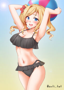 Rule 34 | 1girl, anti (untea9), ball, beachball, bikini, black bikini, blonde hair, blue eyes, blush, breasts, brooklyn (kancolle), brooklyn (kancolle) (cosplay), brooklyn (swimsuit) (kancolle), commentary request, cosplay, cowboy shot, drill hair, frilled bikini, frills, gradient background, hair ornament, highres, honolulu (kancolle), kantai collection, large breasts, long hair, looking at viewer, smile, solo, sunlight, swimsuit, twin drills, twintails, yellow background
