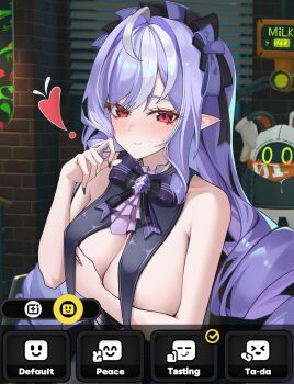 ! 1girl absurdres armpit_crease ascot black_bow black_bowtie black_collar black_nails blush bow bowtie breasts brick_wall closed_mouth collar commentary_request covering_nipples covering_privates eous_(zenless_zone_zero) fingernails hair_bow hand_up highres indoors large_breasts long_hair looking_at_viewer multicolored_hair nail_polish purple_ascot purple_bow purple_bowtie purple_hair red_eyes sidelocks smile solo streaked_hair sweat taboo_(selfmadeappler) very_long_hair vivian_banshee zenless_zone_zero