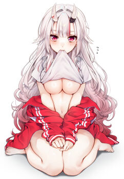1girl bare_legs barefoot blush breasts center-flap_bangs cleavage clothes_in_mouth clothes_lift commentary flying_sweatdrops full_body gradient_hair grey_hair grey_horns hair_intakes highres hololive horns jacket kanbesan160 lifting_own_clothes long_hair looking_at_viewer medium_breasts mouth_hold multicolored_hair nakiri_ayame nakiri_ayame_(cutie_jersey) navel no_bra off_shoulder official_alternate_costume oni open_clothes open_jacket red_eyes red_hair red_jacket shirt shirt_in_mouth shirt_lift short_sleeves simple_background sitting solo track_jacket two-tone_hair underboob virtual_youtuber wariza wavy_hair white_background white_shirt