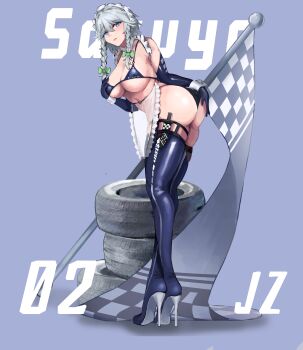 1girl absurdres apron ass bikini blue_bikini blue_eyes blue_gloves blue_thighhighs boots bow braid breasts checkered_flag cleavage clothes_writing elbow_gloves english_text flag gloves grey_hair hair_bow highres izayoi_sakuya knife maid_headdress race_queen ribbon short_hair sideboob swimsuit thigh_boots thighhighs touhou twin_braids underboob unused_tire woshijuezhu
