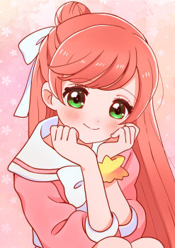 Rule 34 | 1girl, bow, bowtie, casual, closed mouth, collared dress, dress, green eyes, hair bun, hair ribbon, hands on own face, head rest, highres, hirogaru sky! precure, kyanos (b 0000ff), long hair, long sleeves, looking at viewer, nijigaoka mashiro, pink background, pink dress, pink hair, precure, ribbon, scrunchie, single hair bun, sitting, smile, solo, two-tone dress, white bow, white bowtie, white dress, white ribbon, wrist scrunchie, yellow scrunchie