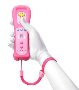 1girl 3d controller game_controller gloves highres mario_(series) nintendo princess_peach promotional_art remote_control simple_background super_mario_bros._1 wii_remote wrist_strap