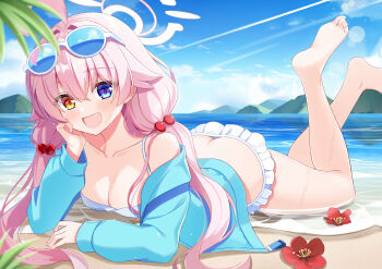 1girl :d absurdres ahoge arm_support ass bare_legs barefoot beach bikini blue-tinted_eyewear blue_archive blue_eyes blue_jacket blue_sky blurry blush breasts butt_crack cleavage cloud cloudy_sky collarbone commentary_request crossed_bangs depth_of_field dot_nose eyewear_on_head fang feet_up flower foot_up frilled_bikini frills hair_between_eyes hair_bobbles hair_ornament hair_over_shoulder halo hand_on_chin hand_support head_rest heterochromia highres hoshino_(blue_archive) hoshino_(swimsuit)_(blue_archive) huge_ahoge jacket kazekami_chino loli long_hair long_sleeves looking_at_viewer low_twintails lying mountainous_horizon navel ocean off_shoulder official_alternate_costume official_alternate_hairstyle on_ground on_stomach open_clothes open_jacket open_mouth outdoors pink_hair resting_head_on_hand shallow_water sidelocks sky sleeveless small_breasts smile soles solo stomach sunglasses swimsuit tinted_eyewear toes twintails very_long_hair water wet whistle white_bikini yellow_eyes
