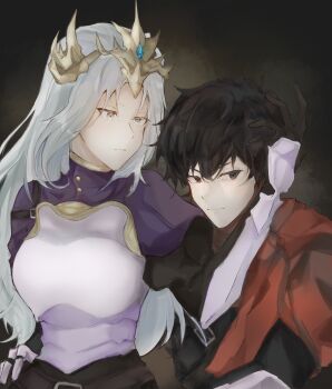 Rule 34 | 1boy, 1girl, absurdres, arm guards, armor, averting eyes, black hair, black shirt, breastplate, cloak, commentary, crown, english commentary, grey eyes, hand on another's head, hetero, highres, long hair, looking at another, looking to the side, nephis (shadow slave), red cloak, shadow slave, shirt, short hair, sunny (shadow slave), upper body, white hair, zalver