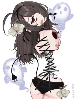 1girl ahoge amputee android animal animal_on_head armless_amputee ass bags_under_eyes bandaid black_panties black_ribbon brown_hair bug cable cable_hair_ornament cable_tail choker cowboy_shot electric_plug electric_plug_tail frilled_panties frills from_behind ghost hair_over_one_eye hashtag-only_commentary head_tilt highres insect long_hair looking_at_viewer looking_back mechanical_tail mole mole_under_eye moth on_head one_eye_covered original panties red_eyes ribbon shaft_look silk_moth solo spiked_choker spikes spine standing tail topless_female underwear usb_cable vickie_(cryingrobot) vickie_(cryingrobot)_(character)