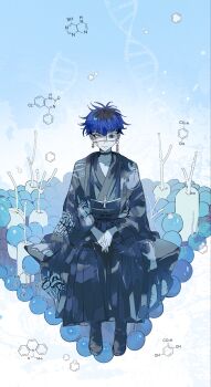 1boy animal_print binary black_hair black_hakama black_haori blue_background blue_eyes blue_hair chemical_structure chinese_commentary commentary_request dna earrings eye_print eyepatch face_piercing fingernails gradient_background grey_kimono haidai_qingtang_(biology447) hakama hakama_pants haori highres japanese_clothes jewelry kimono labret_piercing looking_at_viewer male_focus multicolored_hair omokage_yugamu pants piercing print_eyepatch roots_(hair) sharp_fingernails short_hair sitting smile spider_print the_hundred_line_-last_defense_academy- two-tone_background white_background