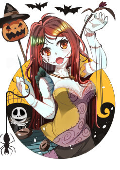 1boy 1girl absurdres blues_(artist) colored_skin dress formal_clothes highres jack_skellington jacket long_hair long_sleeves open_mouth patchwork_clothes patchwork_skin pinstripe_pattern pinstripe_suit pinstripe_vest red_hair sally_(nbc) skeleton smile stitched_arm stitched_face stitches striped_clothes striped_vest suit the_nightmare_before_christmas vertical-striped_clothes vertical-striped_vest vest