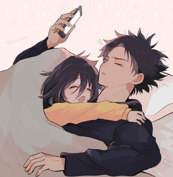 1boy 1girl bags_under_eyes black_hair black_shirt blanket brother_and_sister cellphone closed_eyes commentary_request drooling from_side girl_on_top grey_eyes hair_between_eyes hetero highres holding holding_phone incest kuroki_tomoki kuroki_tomoko long_hair long_sleeves looking_at_phone looking_up lying messy_hair mouth_drool nuka_(nukamochi) on_back on_bed one_eye_closed open_mouth orange_shirt parted_lips phone pillow saliva shared_bed shirt short_hair siblings sidelocks sleeping sleepy smartphone spiked_hair squeans twitter_username under_covers watashi_ga_motenai_no_wa_dou_kangaetemo_omaera_ga_warui!