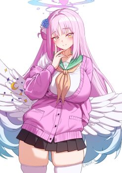 1girl alternate_breast_size_(larger) alternate_costume artist_name black_skirt blue_archive blue_hair blush breasts cardigan commentary cowboy_shot english_commentary feathered_wings green_sailor_collar hair_bun halo hand_up highres huge_breasts linear_71 long_hair long_sleeves looking_at_viewer low_wings mika_(blue_archive) multicolored_hair neckerchief orange_neckerchief partially_unbuttoned pink_cardigan pink_hair pink_halo sailor_collar school_uniform serafuku shirt simple_background single_side_bun skindentation skirt skirt_peek smile solo thighhighs very_long_hair white_background white_shirt white_thighhighs white_wings wings yellow_eyes