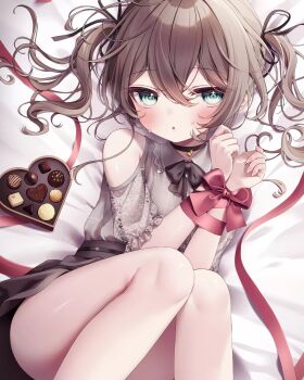 Rule 34 | 1girl, :o, bare shoulders, bed sheet, black choker, black skirt, blue eyes, blush, box, brown hair, candy, chocolate, chocolate heart, choker, food, grey shirt, heart, heart-shaped box, highres, hololive, long hair, looking at viewer, monuke (monu), nails, natsuiro matsuri, natsuiro matsuri (casual), official alternate costume, plaid clothes, plaid shirt, red ribbon, ribbon, shirt, skirt, sweat, twintails, valentine, virtual youtuber