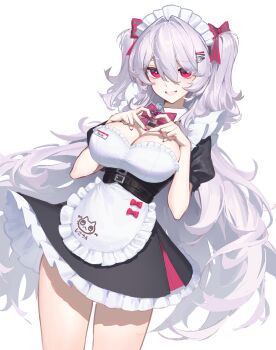 1girl absurdres animal_print apron belt black_belt black_dress bow bowtie breasts cat_hair_ornament cat_print character_name cleavage collared_dress commentary_request commission dekka dress dutch_angle four-finger_heart_hands frilled_apron frilled_dress frilled_headwear frills hair_between_eyes hair_bow hair_intakes hair_ornament hairclip hands_up heart heart_hands highres korean_commentary large_breasts long_hair looking_at_viewer maid maid_apron maid_headdress nail_polish name_tag original parallel_hairclips parted_lips pink_bow pink_bowtie pink_eyes pink_nails puffy_short_sleeves puffy_sleeves riche_leilani short_sleeves sidelocks smile solo standing striped_bow thighs two_side_up very_long_hair white_apron white_hair white_headdress