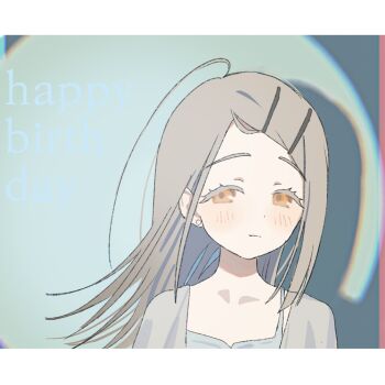 1girl ahoge blush camisole chromatic_aberration closed_mouth colored_eyelashes commentary_request earrings gakuen_idolmaster green_background grey_camisole grey_hair grey_robe hair_ornament hairclip happy_birthday highres idolmaster jewelry kamin_(monemasu) letterboxed light_smile long_hair looking_at_viewer open_clothes open_robe orange_eyes parallel_hairclips parted_bangs robe shadow shinosawa_hiro solo spotlight stud_earrings