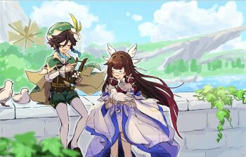 1boy 1girl animal aqua_hair beret bird black_hair blue_sky blush bow braid cape closed_eyes columbina_(genshin_impact) commentary_request day dress eye_mask floating_hair flower genshin_impact gradient_hair green_cape green_hat green_shorts hair_between_eyes hair_ribbon hat hat_flower head_wings highres holding holding_animal holding_bird holding_instrument holding_lyre instrument long_hair long_sleeves lyre mask multicolored_hair music open_mouth oroshi_122 outdoors pantyhose playing_instrument red_hair ribbon shorts sitting sky smile standing twin_braids two-sided_cape two-sided_fabric venti_(genshin_impact) white_bow white_dress white_flower white_pantyhose white_ribbon wings