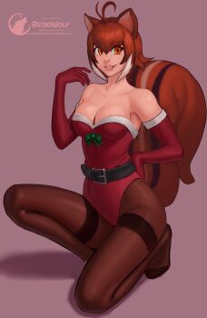 1girl animal_ears astrowolf bare_shoulders belt blazblue breasts brown_hair christmas cleavage elbow_gloves gloves highres large_breasts leotard makoto_nanaya pantyhose short_hair sleeveless squirrel_ears squirrel_girl squirrel_tail tail teeth white_hair