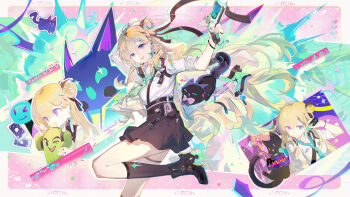 1girl absurdres arm_up black_skirt black_socks blonde_hair blue_eyes breasts chinese_commentary commentary_request earrings graffiti green_necktie hair_between_eyes hair_ornament headphones headphones_around_neck highres holding id_card jewelry long_hair looking_at_viewer looking_to_the_side lynae_(wuthering_waves) medium_breasts multiple_views necktie open_mouth qianqianjie shirt shirt_tucked_in skirt skull_hair_ornament smile socks star_(symbol) star_earrings sticker very_long_hair white_shirt wuthering_waves