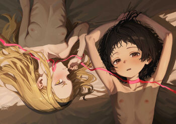 2girls absurdres armpits arms_up bed_sheet black_hair black_hairband blonde_hair blush breasts collarbone commentary completely_nude flat_chest forehead hair_spread_out hairband highres kirarazaka_marina kuze_shizuka loli long_hair looking_at_viewer lying multiple_girls nipples nude on_back red_ribbon ribbon ribs short_hair signature skinny small_breasts sui_yamami takopii_no_genzai upper_body upside-down