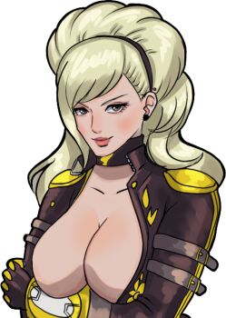 1girl blonde_hair bodysuit breasts brown_eyes curly_hair curvy female_focus gloves hairband helsic huge_breasts large_breasts latex leather lien_neville long_hair looking_at_viewer pale_skin skin_tight smile smiley_face the_king_of_fighters thick_lips