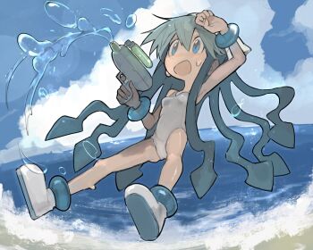 1girl arm_up beach blue_eyes blue_hair bracelet breasts child cloud day hair_between_eyes highres horizon ikamusume jewelry ni_(nimame629) ocean one-piece_swimsuit open_mouth shinryaku!_ikamusume shoes sky small_breasts solo sweatdrop swimsuit water water_gun white_one-piece_swimsuit white_shoes