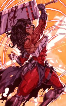 1girl absolute_dc absolute_wonder_woman absurdres arm_tattoo az_ciam black_hair blood bloody_weapon blue_eyes dc_comics highres holding holding_sword holding_weapon huge_weapon long_hair looking_at_viewer official_alternate_costume red_tattoo solo sword tattoo tiara weapon wonder_woman