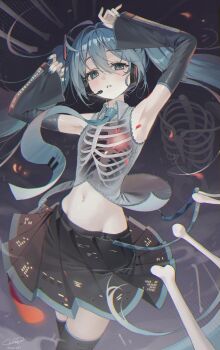1girl aqua_eyes aqua_hair black_skirt black_thighhighs bone chama_(chacoc0) commentary_request feet_out_of_frame hatsune_miku highres long_hair looking_at_viewer microphone navel open_mouth otome_kaibou_(vocaloid) skeleton skirt solo standing stomach thighhighs twintails vest vocaloid x-ray