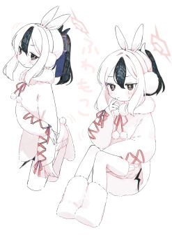 1girl absurdres alternate_costume alternate_eye_color animal_ear_hairband animal_ears black_hair blue_archive blush boots breasts bright_pupils brown_eyes closed_mouth coat commentary_request cropped_legs cross-laced_clothes cross-laced_sleeves demon_girl demon_horns demon_wings double-parted_bangs earmuffs fake_animal_ears fake_tail frown full_body fur-trimmed_coat fur_boots fur_trim hair_between_eyes hairband halo hand_up highres horns kayoko_(blue_archive) kisaka long_sleeves looking_at_viewer low_wings medium_breasts multicolored_hair multiple_views neck_ribbon pom_pom_(clothes) ponytail rabbit_earmuffs rabbit_ears rabbit_tail ribbon sidelocks simple_background single_wing sitting sketch slit_pupils sweatdrop tail translation_request two-tone_hair white_background white_hair white_pupils wings winter_clothes