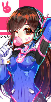 1girl blowing_bubble_gum blowing_bubbles bodysuit breasts brown_eyes brown_hair chewing_gum d.va_(overwatch) facial_mark headphones highres huasha looking_at_viewer medium_breasts one_eye_closed overwatch solo whisker_markings