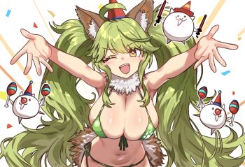 1girl absurdres ahoge animal_ear_fluff animal_ears bare_shoulders bikini blush blush_stickers breasts cat_(nyanko_daisensou) cleavage confetti deale_(nyanko_daisensou) ebora fur_collar green_bikini green_hair groin hat highres holding holding_instrument holding_maracas instrument large_breasts long_hair looking_at_viewer maracas navel nyanko_daisensou one_eye_closed open_mouth outstretched_arms party_hat side-tie_bikini_bottom smile solo spread_arms star-shaped_pupils star_(symbol) string_bikini swimsuit symbol-shaped_pupils teeth twintails upper_body upper_teeth_only very_long_hair white_background wolf_ears yellow_eyes
