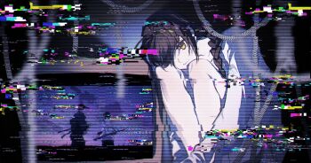 1other absurdres ahoge aizendai androgynous black_hair braid braided_ponytail crt distortion fate/grand_order fate/samurai_remnant fate_(series) fetal_position film_grain glitch hair_intakes hair_over_one_eye highres knees_up long_hair miyamoto_iori_(fate) orange_eyes other_focus scanlines sidelocks single_braid solo static yamato_takeru_(fate)