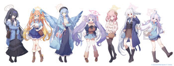 6+girls ahoge bag black_boots black_hair blonde_hair blue_archive blue_bow blue_hair blue_wings boots bow braid brown_boots closed_mouth coat commentary_request fang feathered_wings fold-over_boots full_body glasses green_eyes hair_bow hairband hakasesuicchi halo hanae_(blue_archive) head_wings high_heels highres jacket jewelry knee_boots lawson library_committee_(blue_archive) long_hair long_skirt long_sleeves looking_at_viewer mine_(blue_archive) multicolored_hair multiple_girls necklace official_art open_clothes open_coat open_jacket open_mouth orange_hair pink_hair pointy_ears purple_hair reisa_(blue_archive) remedial_knights_(blue_archive) sample_watermark serina_(blue_archive) shimiko_(blue_archive) short_hair shoulder_bag skirt smile standing suzumi_(blue_archive) thigh_boots thighhighs twin_braids twintails two-tone_hair ui_(blue_archive) very_long_hair vigilante_crew_(blue_archive) watermark white_hair white_thighhighs white_wings wings zettai_ryouiki