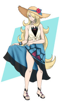 1girl absurdres blonde_hair blue_sarong bracelet breasts chapeteada cleavage closed_mouth commentary cynthia_(pokemon) cynthia_(summer_2025)_(pokemon) english_commentary flower full_body grey_eyes hair_over_one_eye hat hat_flower hibiscus highres jewelry long_hair looking_at_viewer medium_breasts nintendo pokemon pokemon_masters_ex red_flower sandals sarong smile solo standing sun_hat very_long_hair