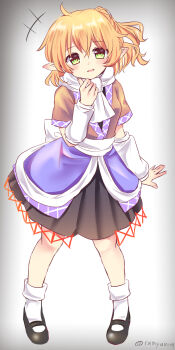 +++ 1girl arm_warmers black_shoes black_skirt blonde_hair brown_shirt commentary_request full_body grey_background hair_between_eyes highres looking_at_viewer mary_janes medium_hair mizuhashi_parsee pointy_ears ramudia_(lamyun) scarf shirt shoes short_sleeves skirt socks solo standing touhou vignetting white_scarf white_socks