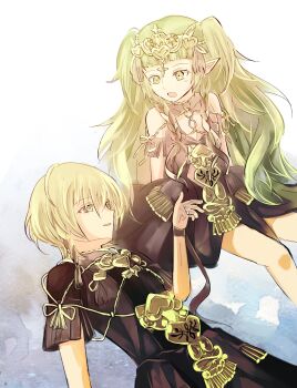 1boy 1girl braid breasts cleavage cosplay dress fire_emblem fire_emblem:_three_houses green_eyes green_hair hair_ornament highres jewelry long_hair lying male_byleth_(fire_emblem) medium_hair nintendo open_mouth pointy_ears ric_(aceradio) ring smile sothis_(fire_emblem) sothis_(fire_emblem)_(cosplay) tiara twin_braids