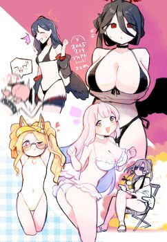 6+girls animal animal_ears animal_on_head arm_under_breasts arm_up armpits bikini bird bird_on_head black_bikini black_hair black_jacket black_one-piece_swimsuit blonde_hair blue_archive breasts brown_hair chair checkered_background choker closed_eyes clothes_pull covered_navel cup deck_chair explosion folding_chair forehead fox_ears frills hair_between_eyes halo hasumi_(blue_archive) hasumi_(swimsuit)_(blue_archive) head_wings heart highres holding holding_cup huge_breasts ichika_(blue_archive) ichika_(swimsuit)_(blue_archive) jacket jacket_partially_removed koharu_(blue_archive) koharu_(swimsuit)_(blue_archive) large_breasts long_hair long_hair_between_eyes long_sidelocks looking_at_viewer looking_to_the_side low_twintails low_wings mika_(blue_archive) mika_(swimsuit)_(blue_archive) multiple_girls nagisa_(blue_archive) nagisa_(swimsuit)_(blue_archive) no_halo official_alternate_costume official_alternate_hairstyle on_head one-piece_swimsuit one_eye_closed pants pants_pull pink_hair ponytail red_eyes red_halo sandals seia_(blue_archive) seia_(swimsuit)_(blue_archive) short_hair short_twintails sidelocks simple_background small_breasts smile spilling sunglasses surprised sweatdrop swimsuit twintails urode white_bikini white_choker white_jacket white_one-piece_swimsuit white_sandals white_wings wings yellow_eyes yellow_halo yellow_jacket