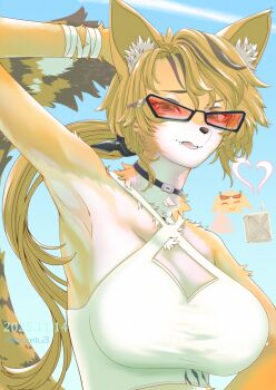 1girl animal_ear_fluff animal_ears arm_up armpits black_choker blonde_hair blue_sky body_fur breasts cat_ears cat_girl cat_tail choker cleavage furry furry_female green_eyes highres large_breasts long_hair looking_at_viewer outdoors parted_bangs ponytail pulchra_fellini shirt sky solo soretsu_nitohei sunglasses tail very_long_hair white_shirt yellow_fur zenless_zone_zero