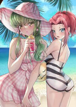 2girls absurdres alternate_costume alternate_hairstyle ass back bare_arms bare_shoulders blue_eyes blurry blush breasts budgiepon c.c. cheese-kun code_geass commentary cowboy_shot crossed_bangs cup curvy day depth_of_field dress drinking drinking_glass drinking_straw earrings eyes_visible_through_hair food frown fruit furrowed_brow green_hair hair_between_eyes hand_up hat highres holding holding_cup jewelry kouzuki_kallen lemon lemon_slice long_hair looking_at_viewer medium_breasts medium_hair multiple_girls ocean one-piece_swimsuit open_mouth outdoors palm_tree pink_dress pink_headwear plaid_clothes plaid_dress ponytail red_hair short_dress shy sidelighting sidelocks standing straight_hair striped_clothes striped_one-piece_swimsuit swimsuit tree white_one-piece_swimsuit yellow_eyes