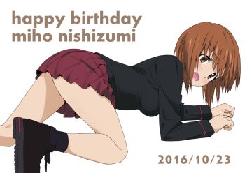 Rule 34 | 10s, 1girl, all fours, ankle boots, bad id, bad twitter id, black boots, black jacket, black socks, blush, boots, brown eyes, brown hair, character name, commentary request, dated, embarrassed, female focus, from side, girls und panzer, happy birthday, jacket, kuromorimine military uniform, legs, long sleeves, looking at viewer, military, military uniform, miniskirt, nishizumi miho, open mouth, pleated skirt, red skirt, short hair, shounan ruizu, simple background, skirt, socks, solo, wavy mouth, white background