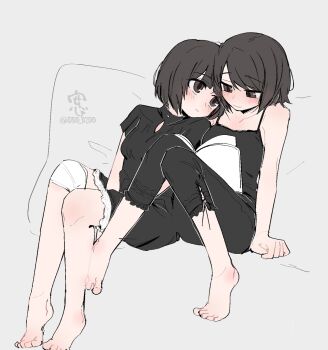 2girls above-cleavage_cutout amakura_mayu amakura_mio an_sin arms_at_sides artist_name bandaged_leg bandages bare_arms bare_shoulders barefoot between_legs black_camisole black_leggings black_shirt black_skirt blush bob_cut book book_on_lap breasts brown_eyes brown_hair camisole closed_mouth clothing_cutout commentary fatal_frame fatal_frame_ii:_crimson_butterfly foot_out_of_frame grey_background hand_between_own_legs head_on_another's_shoulder heads_together highres incest invisible_chair knees_together_feet_apart knees_up leggings looking_at_another looking_at_object looking_down looking_to_the_side medium_breasts miniskirt multiple_girls open_book pillow reading shirt short_hair short_sleeves siblings side-by-side sisters sitting skirt twincest twins twitter_username yuri