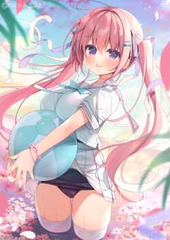 1girl ball beachball black_one-piece_swimsuit breasts hanamiya_natsuka highres large_breasts long_hair looking_at_viewer old_school_swimsuit one-piece_swimsuit original petals pink_hair pleated_skirt purple_eyes sailor_collar sailor_shirt school_swimsuit school_uniform serafuku shirt skirt smile solo swimsuit swimsuit_under_clothes thigh_gap thighhighs twintails wading white_sailor_collar white_shirt white_skirt white_thighhighs