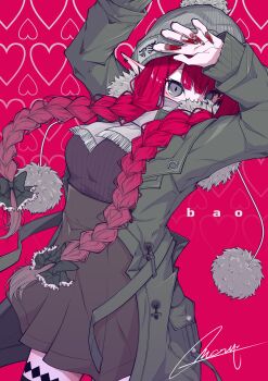 Rule 34 | 1girl, absurdres, baobhan sith (fate), braid, coat, commentary request, covered face, ear piercing, fate/grand order, fate (series), grey eyes, grey scarf, heart, heart background, highres, long hair, macaron pri, nail art, piercing, pointy ears, pom pom (clothes), red hair, red nails, ribbed sweater, scarf, signature, skirt, sweater, twin braids, winter clothes, woollen cap