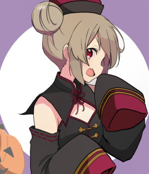 1girl :d bare_shoulders black_dress brown_hair chinese_clothes commentary_request detached_sleeves double_bun dress fang hair_bun hand_up hat jack-o'-lantern jiangshi_costume long_sleeves looking_at_viewer natori_sana natori_sana_(jiangshi) open_mouth profile qingdai_guanmao red_eyes sana_channel short_hair sideways_mouth skin_fang sleeves_past_fingers sleeves_past_wrists smile solo upper_body virtual_youtuber youasato