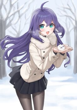 1girl :d absurdres ahoge bare_tree black_pantyhose black_skirt blush commentary day green_eyes highres holding idolmaster idolmaster_million_live! jacket leaning_forward long_hair long_sleeves mochizuki_anna open_mouth outdoors pantyhose pleated_skirt purple_hair ransol skirt smile snow solo standing symbol-only_commentary tree triangle_mouth white_jacket winter winter_clothes